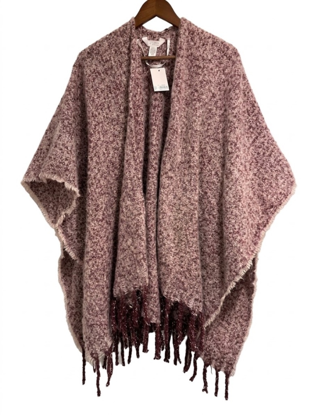 Lauren Conrad Mauve Pink Bouclé Knit Open Front Poncho Ruana Wrap Fringe NWT